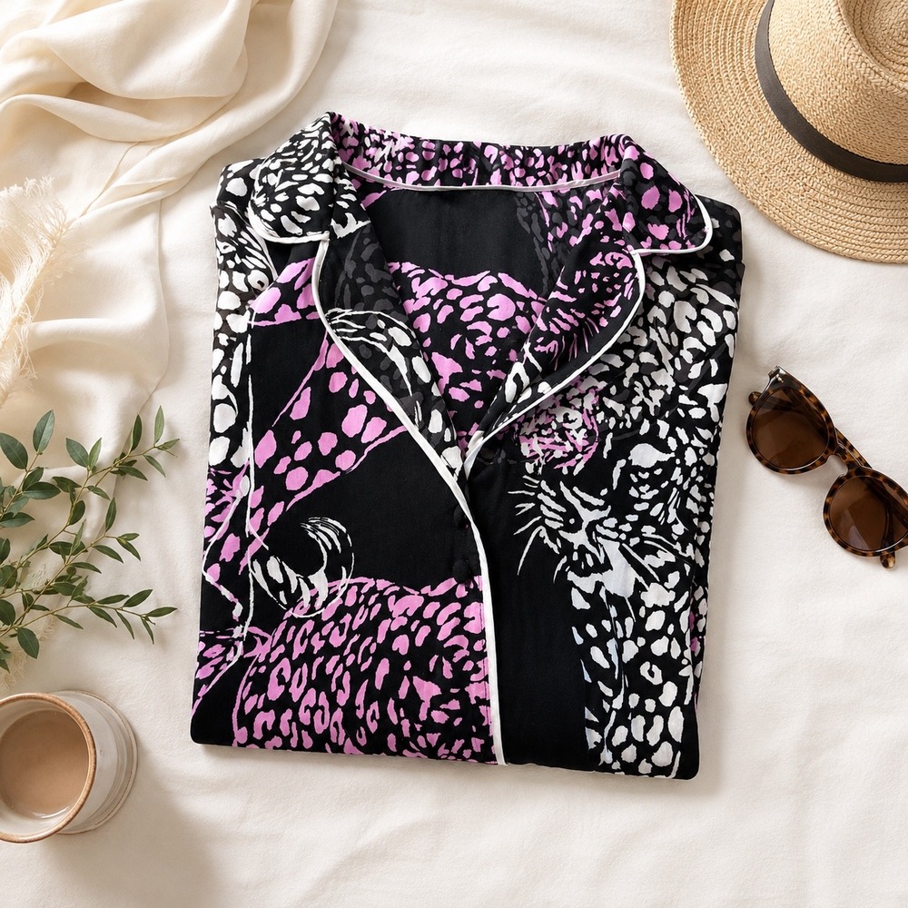 Sofia Intimates Pajama Set Womens L Black Pink Leopard Print Button Front Lounge
